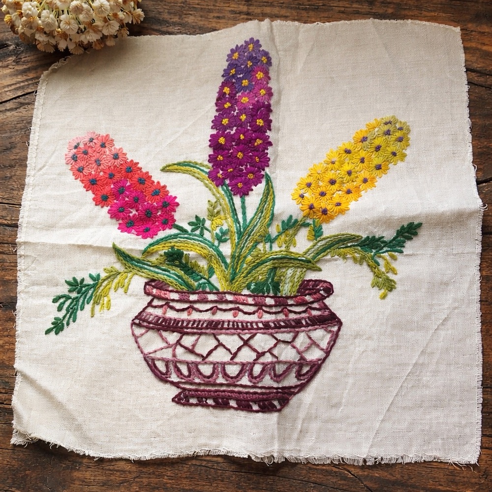 Vintage Hand-Embroidered Floral Basket Textile | Cottagecore Needlework Art